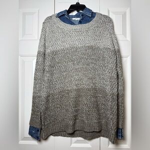 Easel Multi-tone Beige Sweater With Acid Wash Jean Collar Top